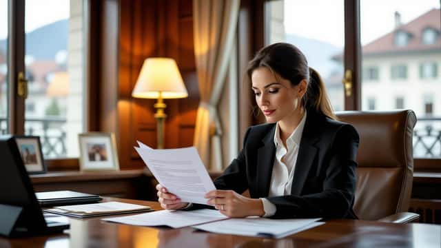 Femme consultant des documents de répudiation de succession et avis de poursuites dans une étude notariale à Genève