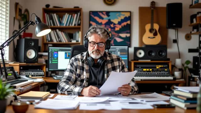 Musician reviewing music royalty statements and legal documents in a recording studio office