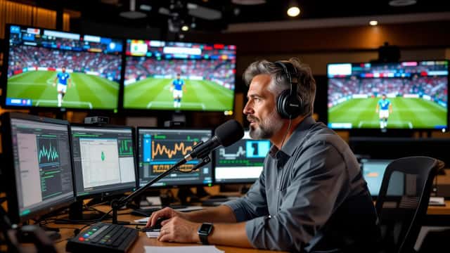 Narrador esportivo ao microfone em estúdio de TV durante transmissão da Copa do Mundo 2026