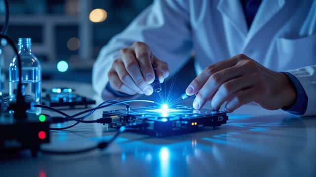Researcher adjusting fiber-optic cables on a photonic quantum processor in a U.S. lab