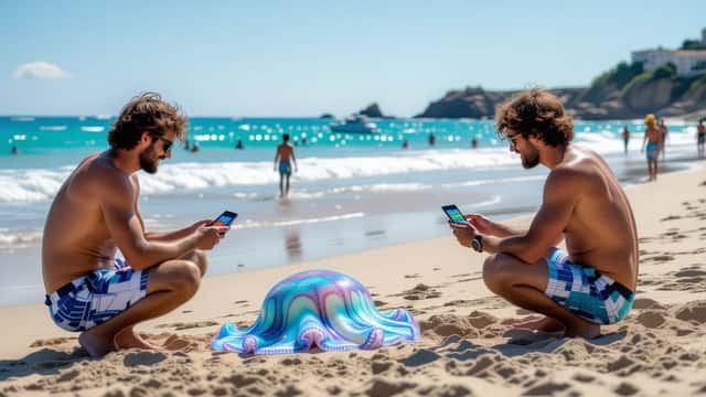 Homme consultant une application d'alerte méduse sur smartphone devant une galère portugaise échouée sur la plage