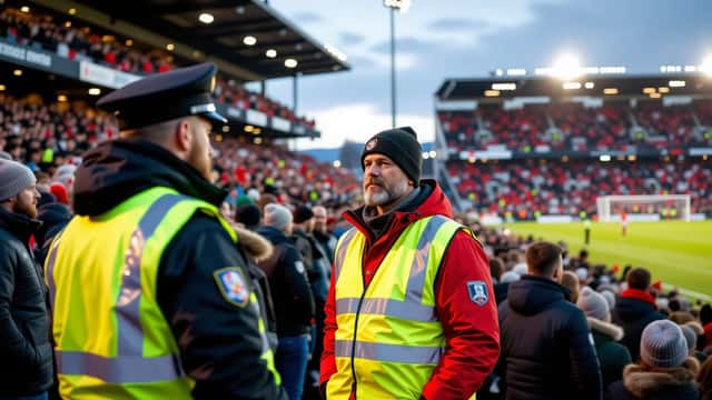 Fotballtilskuer konfronteres av sikkerhetsvakt på stadion under Oslo-derbyet Skeid mot Vålerenga