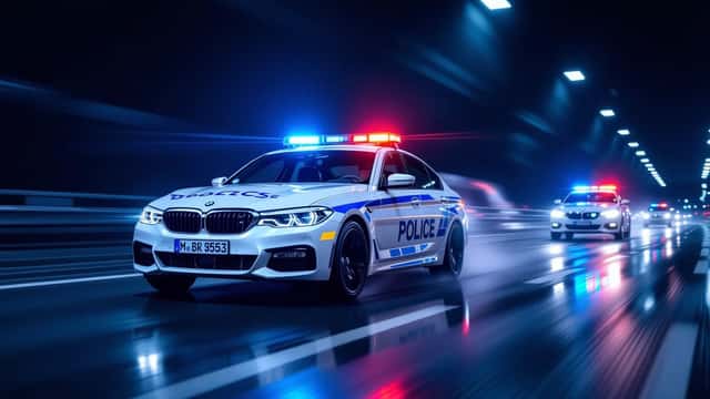 Polizeifahrzeug mit Blaulicht bei Verfolgungsfahrt auf österreichischer Autobahn