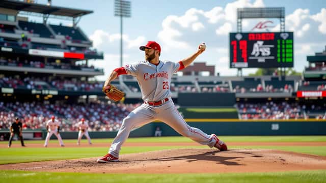 Lanzador de béisbol de los Reds en pleno lanzamiento con gráficos de datos y velocidad superpuestos en el estadio