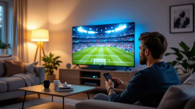 Man justerar smart-TV-inställningar i vardagsrum med Premier League-match på skärmen