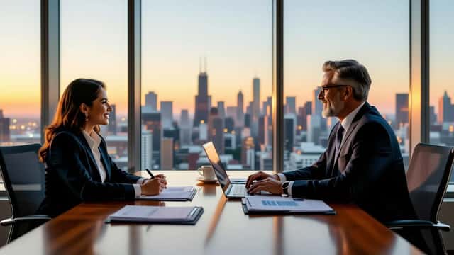 US law firm attorney annotating EU anti-corruption compliance document at desk in Chicago office