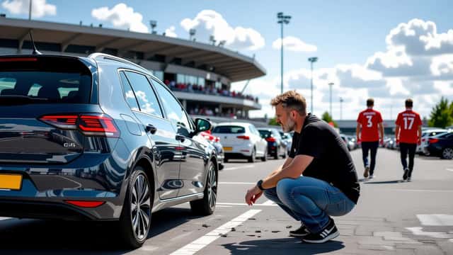 Man inspecteert parkeerschade op zijn auto na een drukke wedstrijddag bij een voetbalstadion in Nederland
