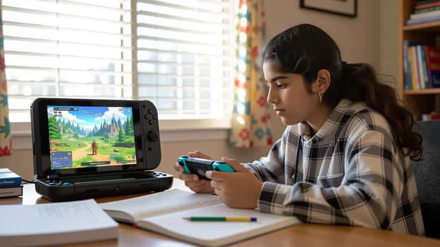 Adolescente latino estudiando con Nintendo Switch y libros de matemáticas en escritorio de California