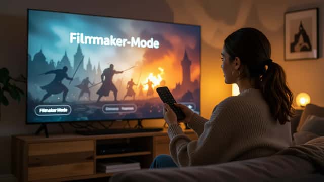 UK viewer adjusting TV settings in a dark living room for HDR streaming