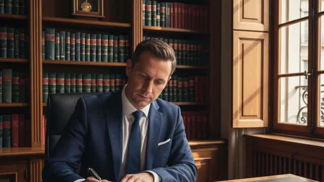 Homme en costume signant un acte notarié dans un bureau de notaire genevois, lumière d'après-midi, registres juridiques en arrière-plan