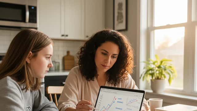 High school student and economics tutor reviewing supply and demand graphs at kitchen table in suburban Chicago