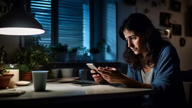 Donna italiana da sola di notte guarda il telefono con espressione preoccupata per messaggi minacciosi sui social media