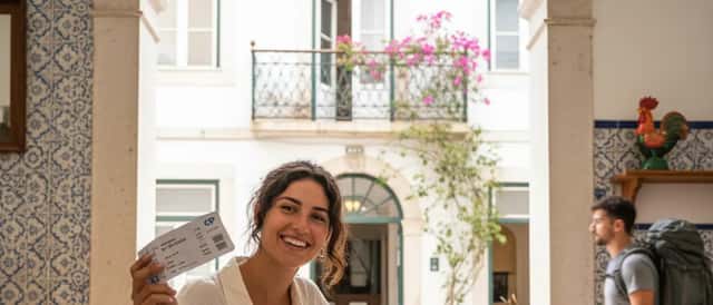 Jovem portuguesa a rever documentos de viagem e bilhetes de comboio numa pousada de juventude em Lisboa