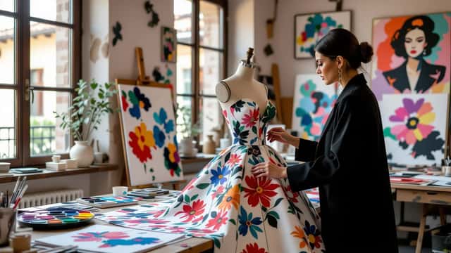 Designer di moda in atelier milanese che esamina un abito haute couture dipinto a mano su un manichino