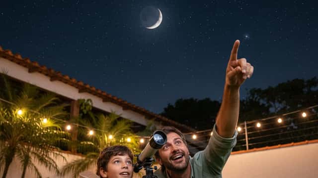 Pai e filho brasileiro observando a Lua com um telescópio no quintal à noite em Campinas