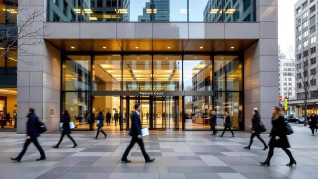 Melbourne County Court building exterior, person entering courthouse with legal documents