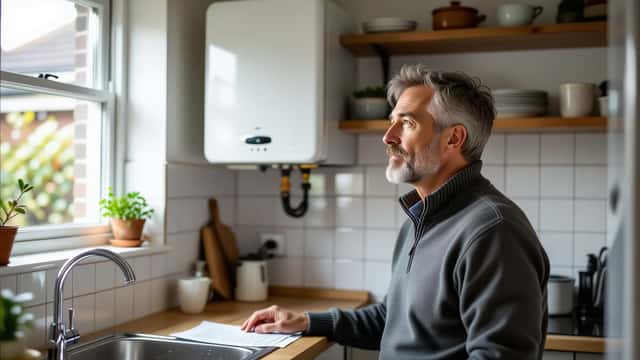 British homeowner examining wall-mounted gas combi boiler in a North London kitchen, energy bill on the counter
