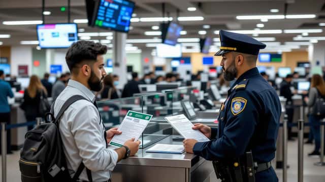 Traveler with an Iranian passport and World Cup ticket at a U.S. airport immigration counter