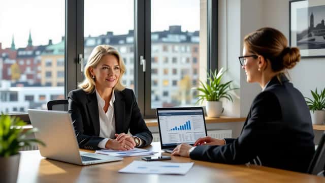 Kvinna diskuterar pension och karriärbyte med finansiell rådgivare i Stockholm