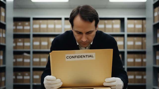 Archiviste suisse ouvrant un dossier classifié historique dans les archives fédérales