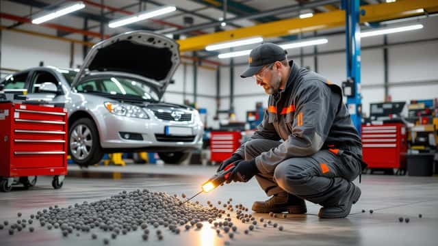Autokorjaaja tutkii rakeista vahingoittunutta auton konepeltiä PDR-lampun avulla autokorjaamossa