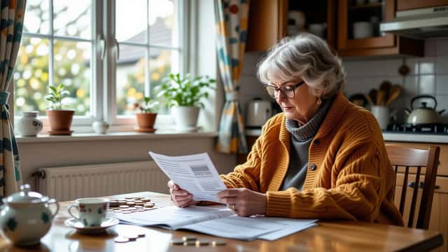 Retired woman reviewing electricity bill with £150 warm home discount credit at kitchen table in UK home