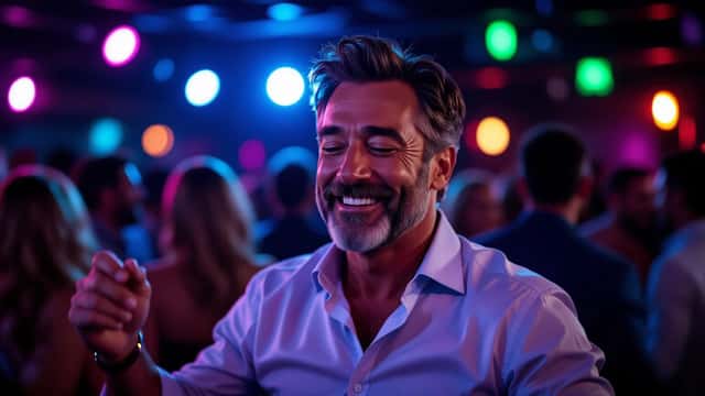 Man resembling Jon Hamm dancing with eyes closed in a neon-lit London nightclub