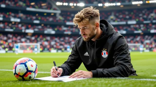 Joueur de football signant un contrat dans un stade moderne en 2026