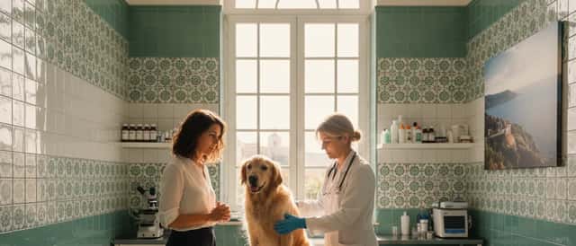 Veterinária portuguesa a examinar um golden retriever numa clínica em Lisboa enquanto a dona observa com atenção