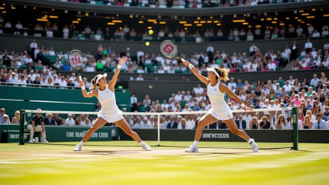 Tennis player serving on Wimbledon Centre Court grass in 2026
