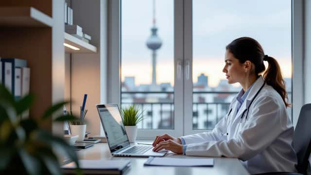 Médecin en consultation dans un cabinet parisien moderne avec antenne 5G visible par la fenêtre