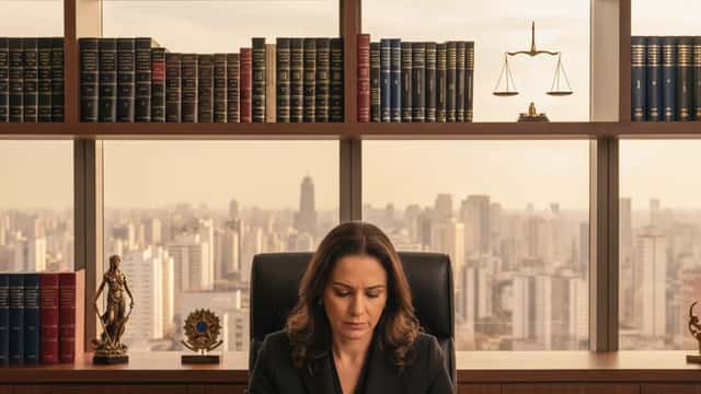Advogada brasileira em escritório em São Paulo analisando queixa-crime por calúnia e difamação no STF