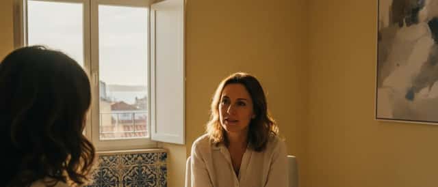 Psicóloga clínica portuguesa em sessão de consulta numa sala acolhedora em Lisboa