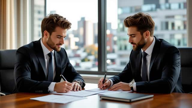 Jeune athlète signant un contrat international en présence d'un avocat