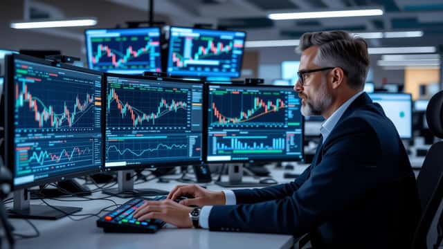 Conseiller financier canadien devant des écrans affichant des graphiques boursiers en hausse et des données sur les semi-conducteurs IA