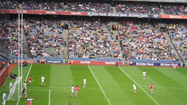 Gaelic football players competing in a match at Croke Park during the 2026 GAA championship