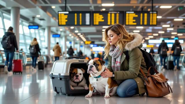 Femme inquiète auprès d'un transporteur pour chien dans un aéroport, tableau des départs affichant des annulations WestJet