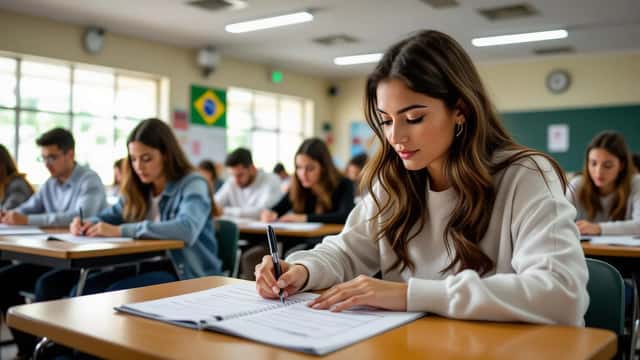 Mulher adulta fazendo prova do ENCCEJA 2026 em sala de aula