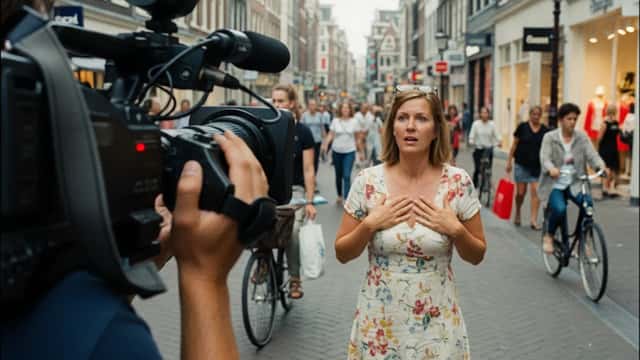 Vrouw op straat verrast door camera, privacy rechten in openbare ruimte
