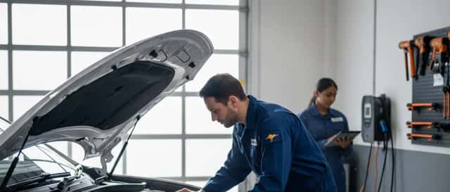 Australian EV mechanic in blue workshop uniform inspecting electric vehicle battery