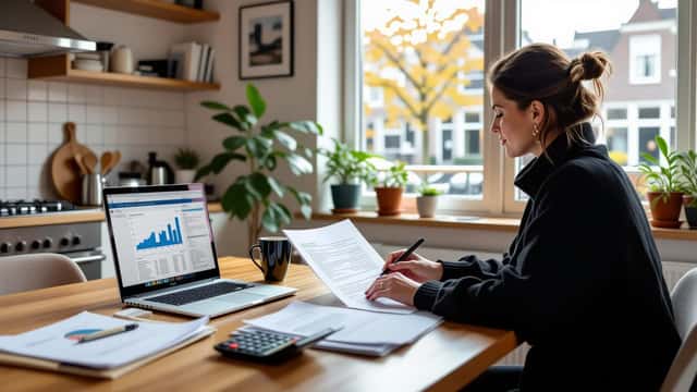 Vrouw aan keukentafel bekijkt brief van de Belastingdienst en beleggingsoverzichten