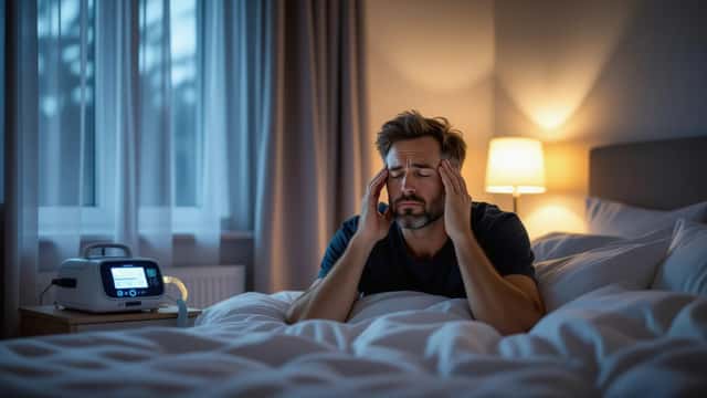 Man waking exhausted beside CPAP machine at dawn, illustrating sleep apnoea in the UK