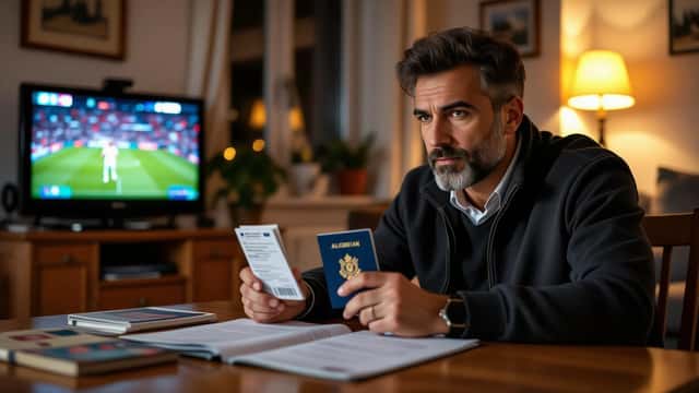 Homme tenant un passeport suisse et un passeport algérien devant un match de football