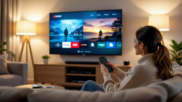 Kvinde streamer DR1 via DRTV-app på et smart-tv i en dansk stue