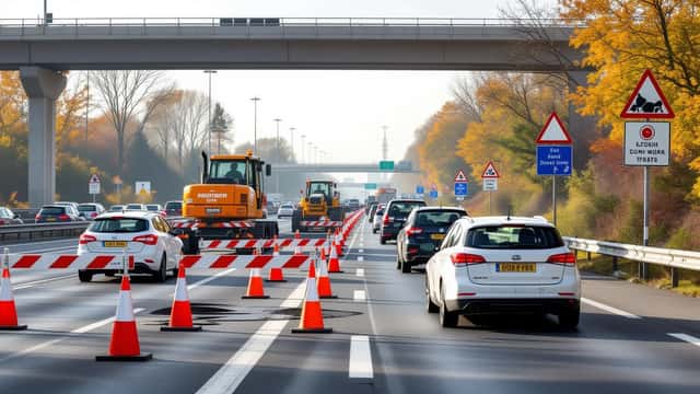 File op afgesloten parallelbaan van de A15 bij Rotterdam met wegwerkzaamheden