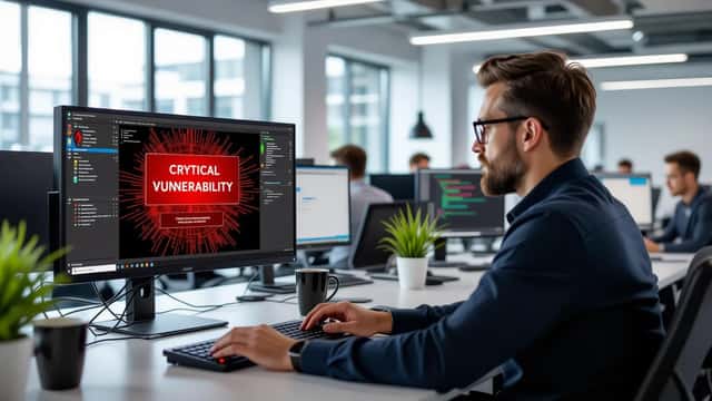 Professionnel IT consultant son écran Windows avec alertes de sécurité critiques dans un bureau parisien