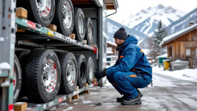 Mécanicien inspectant des pneus hiver 3PMSF devant un garage en montagne avec neige en arrière-plan
