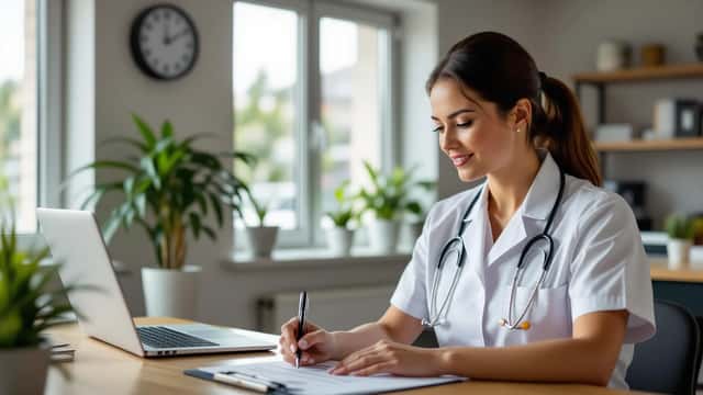 Infirmière québécoise en uniforme consultant sa convention collective FIQ 2023-2028