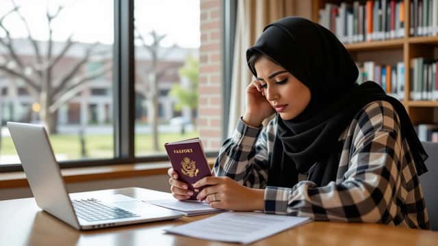 International student reviewing F-1 visa and I-20 immigration documents at university desk in Texas