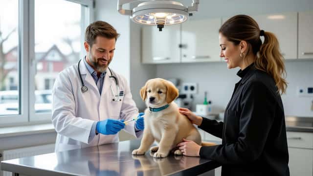 Veterinär vaccinerar en golden retriever valp i ljus klinik i Göteborg med hundägare bredvid
